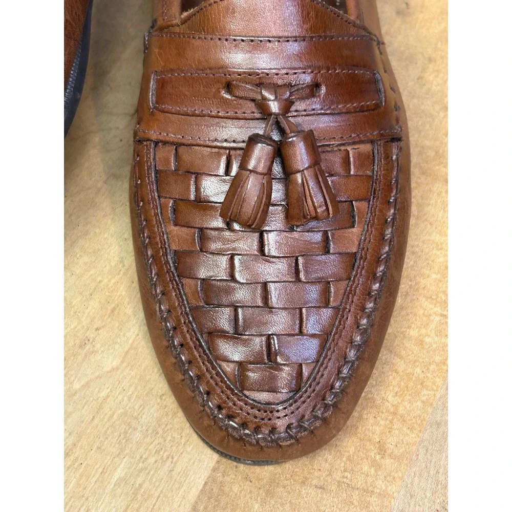 Oleg Cassini Loafers Mens 9.5 Brown Woven Tassel Leather Dress Shoes Office